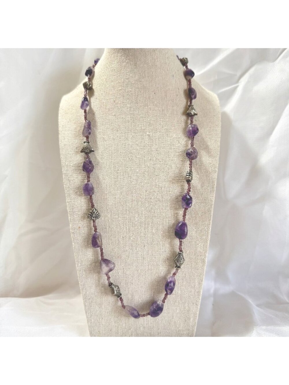 Antique Silver Bead Tumbled Amethyst Sterling Silver 925 Necklace 24'' Length
